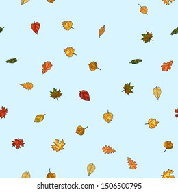 abstract vector doodle autumn leaves seamless pattern - leaves are falling from the light blue sky