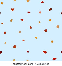 abstract vector doodle autumn leaves seamless pattern - leaves are falling from the light blue sky