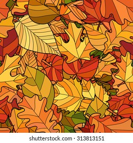 abstract vector doodle autumn leaves seamless pattern