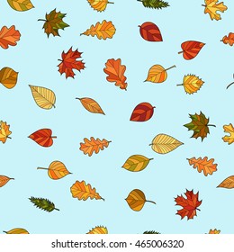 abstract vector doodle autumn leaves seamless pattern