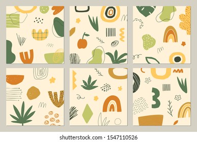 Abstract vector doodle floral backgrounds. Hand drawn shapes, objects and textures in contemporary style.