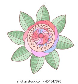 Abstract vector doodle flower with leaves.