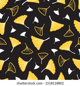 Abstract Vector Doodle Ginkgo Leaves in Black Background Color Seamless Pattern