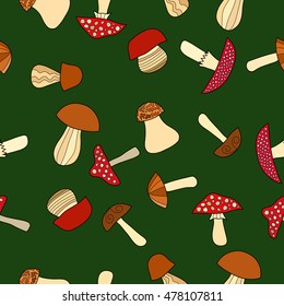 abstract vector doodle mushroom seamless pattern on green background
