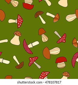 abstract vector doodle mushroom seamless pattern on green background