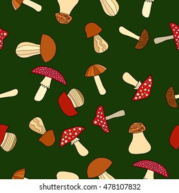 abstract vector doodle mushroom seamless pattern on green background
