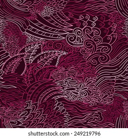 Abstract vector doodle pattern with ornament. Seamless background with ethnic and sea motifs. Repeating pink floral backdrop.