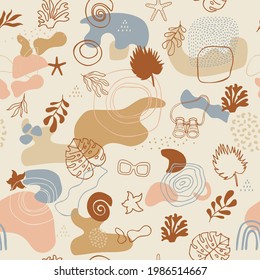 Abstract vector doodle summer pattern. Seamless background with clothes and accesories.