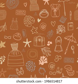 Abstract vector doodle summer pattern. Seamless background with clothes and accesories.