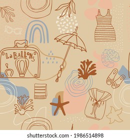 Abstract vector doodle summer pattern. Seamless background with clothes and accesories.