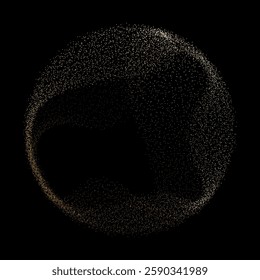 Abstract vector dot particles fluid flowing round shape wavy smooth curve gold gradient light on black background in concept of luxury, technology, science, music, modern.