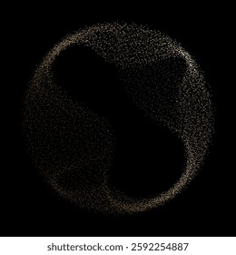 Abstract vector dot particles fluid flowing round shape wavy smooth curve gold gradient light on black background in concept of luxury, technology, science, music, modern.