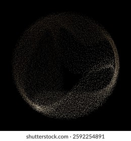 Abstract vector dot particles fluid flowing round shape wavy smooth curve gold gradient light on black background in concept of luxury, technology, science, music, modern.
