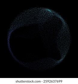 Abstract vector dot particles fluid flowing round shape wavy smooth curve blue green gradient light on black background in concept of technology, science, music, modern.