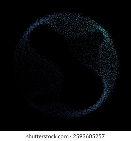 Abstract vector dot particles fluid flowing round shape wavy smooth curve blue green gradient light on black background in concept of technology, science, music, modern.