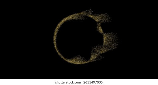 Abstract vector dot particles pattern flowing in a gold circular frame isolated on black background with copy space.

