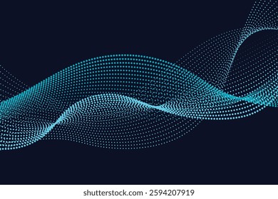 Abstract vector dot particles wave flowing smooth curve blue color on dark blue background