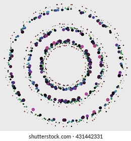 Abstract vector dot pattern. Concentric circles made of colored dots against light grey background.