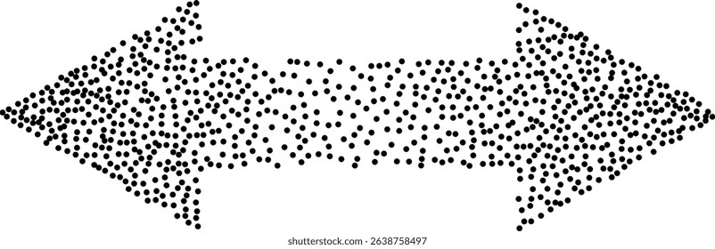 Abstract vector dotted double-sided arrow pointing left and right. Stylized black stipple dot pattern forming arrow shape. Horizontal direction, geometric design, clean and minimal style, clip art.