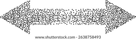 Abstract vector dotted double-sided arrow pointing left and right. Stylized black stipple dot pattern forming arrow shape. Horizontal direction, geometric design, clean and minimal style, clip art.