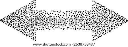 Abstract vector dotted double-sided arrow pointing left and right. Stylized black stipple dot pattern forming arrow shape. Horizontal direction, geometric design, clean and minimal style, clip art.