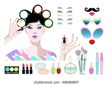 Abstract vector draw cool girl, hair curlers, color eyelashes lips, makeup, toiletries, sunglasses, false eyelashes, perfume, cosmetics set, pattern beauty women , fashion design color print, sale