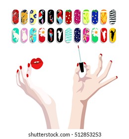 Abstract vector draw hand girl, pink  lips, makeup, cosmetics, false nails with beautiful pattern set,  beauty women , fashion design color print, sale