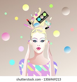 Abstract vector draw of surprised girl in shop with cosmetic, in hair lipstick perfume, eye shadow, nail polish, colorful background with Bulba, pattern beauty, fashion design color print makeup, sale