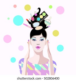 Abstract vector draw of surprised girl in shop with cosmetic, in hair lipstick perfume, eye shadow, nail polish, colorful background with Bulba, pattern beauty, fashion design color print makeup, sale