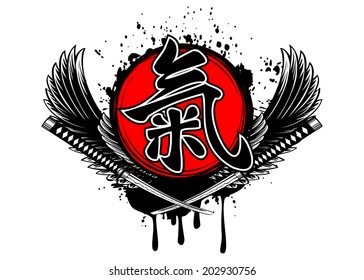 Abstract vector draw wings, crossed samurai swords and hieroglyph ki