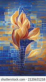 Abstract vector drawing of a blooming lily. Mosaic on the theme of spring, nature, beauty and love. Bright colors and juicy feelings. Oil painting stylization. Natural floral ornament.