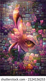 Dibujo abstracto vectorial de un lirio floreciente. Mosaico sobre el tema de la primavera, la naturaleza, la belleza y el amor. Colores brillantes y sensaciones jugosas. Estilización de pintura al óleo. Ornamento floral natural.