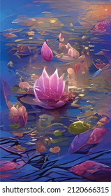 Abstract vector drawing of a blooming lotus. Mosaic on the theme of spring, nature, beauty and love. Bright colors and juicy feelings. Oil painting stylization. Natural floral ornament.