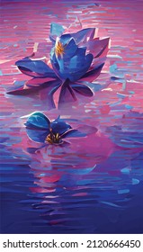 Abstract vector drawing of a blooming lotus. Mosaic on the theme of spring, nature, beauty and love. Bright colors and juicy feelings. Oil painting stylization. Natural floral ornament.