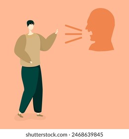 Abstract vector drawing depicting a guy confronting an imaginary aggressive silhouette of another man on a reddish background