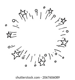 abstrakte Vektorgrafik im Doodle-Stil. Explosion in einem Kreis, Feuerwerk, festliches Feuerwerk. Sterne, Konfitüre und Streamer. Rundrahmen
