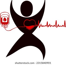 Dibujo vector abstracto de una persona que recibe una transfusión de sangre con los brazos en el aire, feliz y un latido del corazón saludable