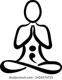 Abstract vector drawing of a person with a semi colon symbol on the stomach, meditating, in a yoga pose