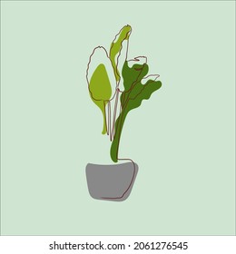 Dibujo abstracto vectorial de una planta en una olla. hecho con una línea y puntos