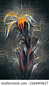 dibujo vectorial abstracto de la flor Strelitzia sobre un fondo oscuro. Patrón de fondo mosaico.