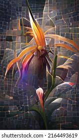 abstract vector drawing of Strelitzia flower on a dark background. Mosaic background pattern.