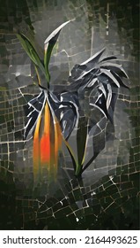abstract vector drawing of Strelitzia flower on a dark background. Mosaic background pattern.