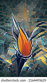 abstract vector drawing of Strelitzia flower on a dark background. Mosaic background pattern.