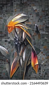 abstract vector drawing of Strelitzia flower on a dark background. Mosaic background pattern.
