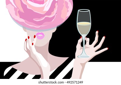 Abstract vector drawing of a woman in a floral hat of pink roses with a glass of White  wine,  color print design restaurant, free  background for menu , image cool girl