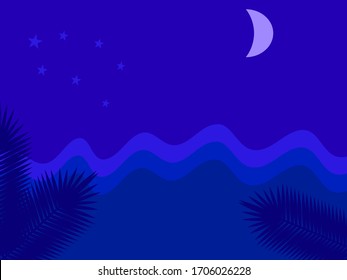 Abstract Vector Drawn Flat Design Half Moon Sea Ocean And Stars At Night Time Wave High Tide Pattern, Dark Blue Color Background 