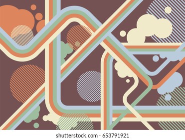 Abstract vector dreamy colorful background with orange, blue, green and yellow stripes, bubbles, circles and thick lines