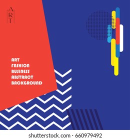 Abstract Vector Dynamic Art, Design, Exhibition Business Brochure Cover Modern Design Template. Catalog POP ART Poster With Yellow Red Blue Squares, Triangle, Diagonal Geometric Shapes Lines Zigzag NY