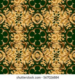 Abstract vector dynamic rippled surface, illusion of movement, curvature on a green background. Golden seamless pattern for prints or digital.
