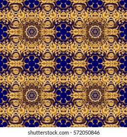 Abstract vector dynamic rippled surface, illusion of movement, curvature on a blue background. Golden seamless pattern for prints or digital.